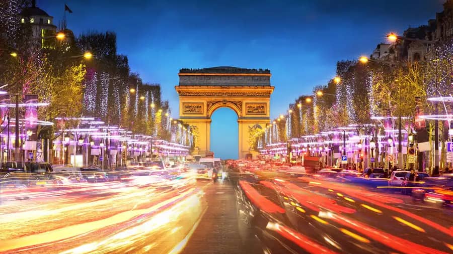 Paris City At Sunset Arch Of Triumph And Champs Elysees